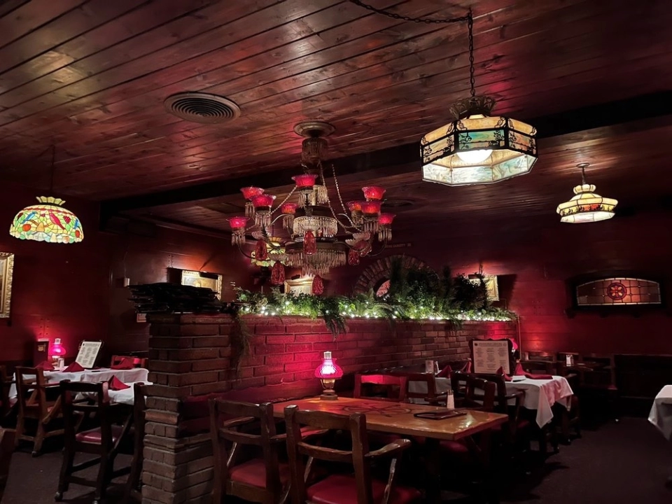 A cozy restaurant interior with wooden decor, featuring stained glass lamps, a chandelier, and tables set with red napkins. The ambiance is warm and inviting, with dim lighting and greenery along the walls.